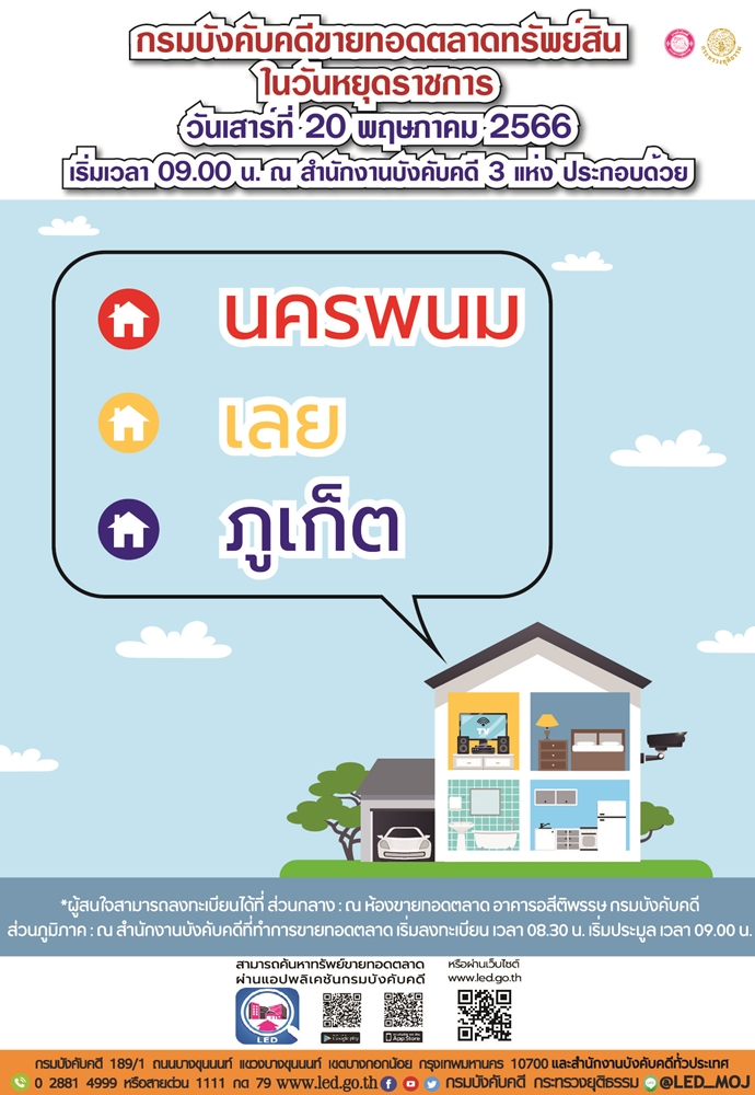 กรมบังคับคดีจัดการขายทอดตลาดในวันหยุดราชการ วันเสาร์ที่ 20 พฤษภาคม 2566